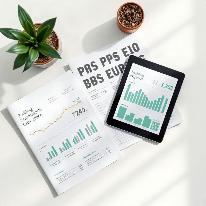 Reportes económicos impresos y una tableta con gráficos de datos sobre una superficie blanca