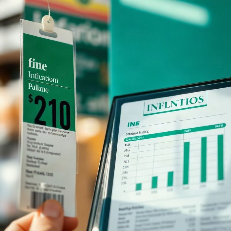 Etiquetas de precios de supermercado junto a un gráfico impreso del INE